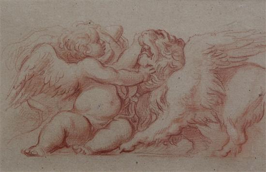 Attributed to Watteau Cupid wrestling a lion, 5 x 8in.